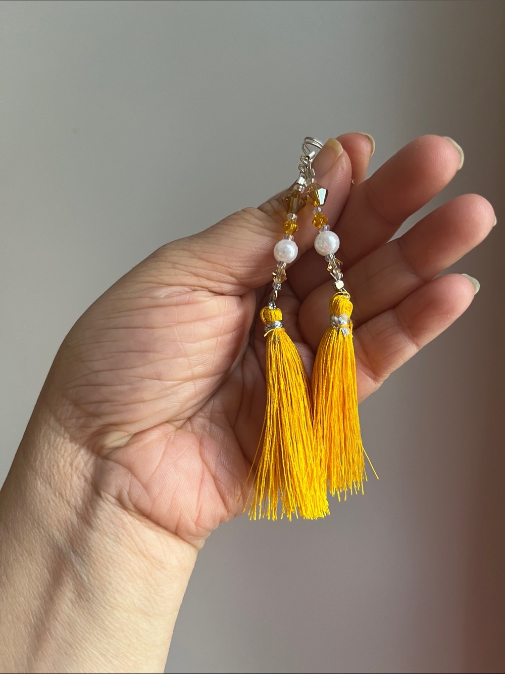 Handmade Yellow Tassel Earrings with Pearl Accent